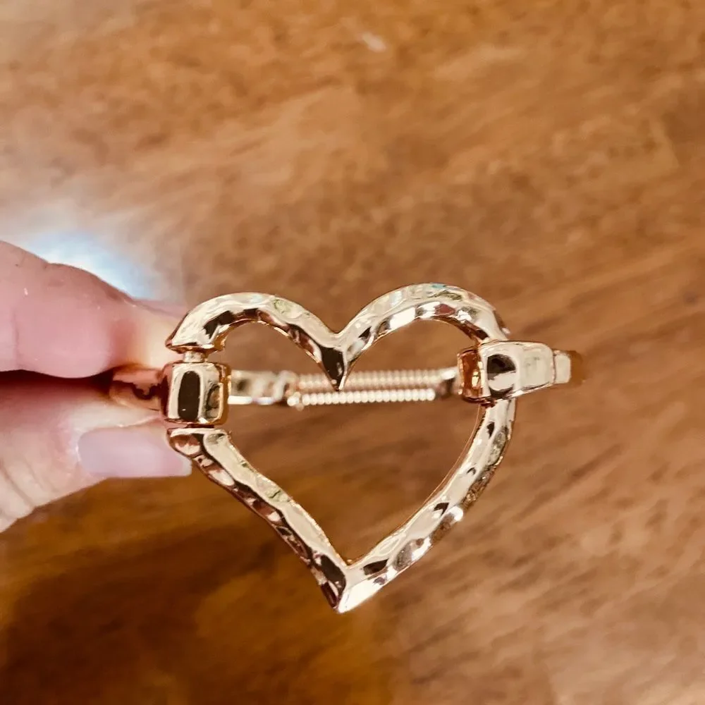 Chunky Gold Hammered Heart Cuff Bracelet Boho Statement Open Heart Bangle